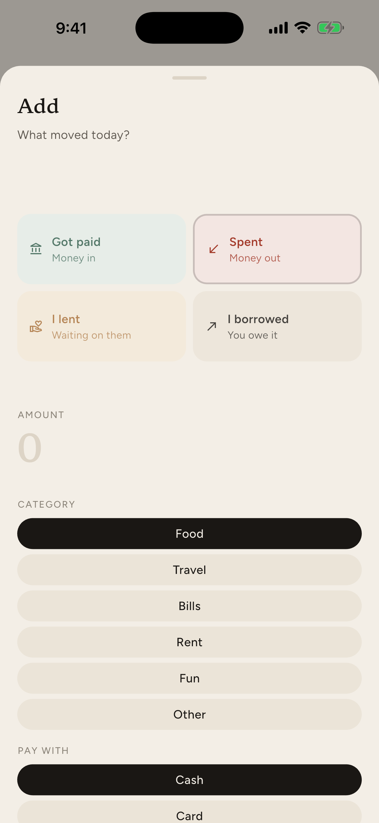 Add a line: got paid, spent, lent, borrowed.