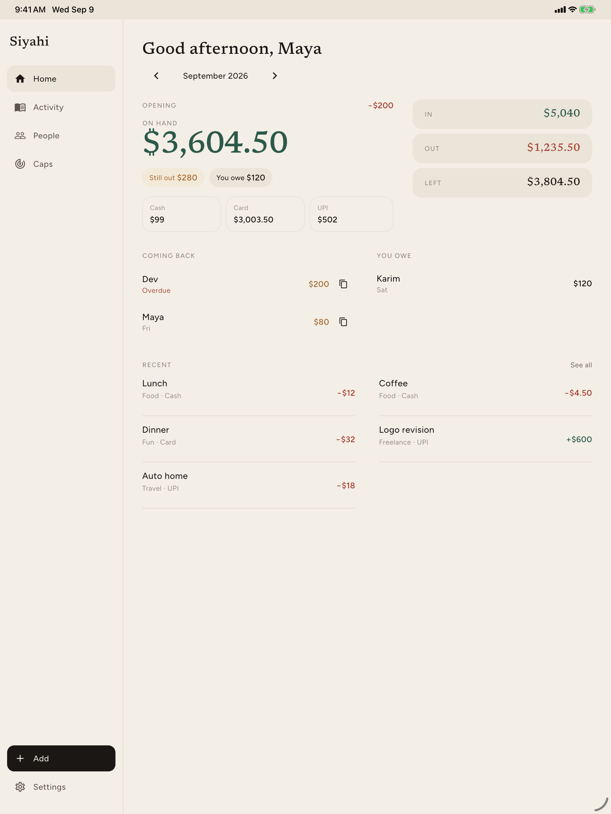 Siyahi on iPad with sidebar, on hand, and this month’s lines.